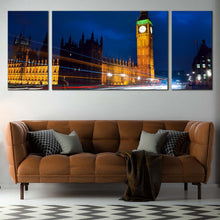 Load image into Gallery viewer, Light Trail Canvas Wall Art London Green Gold Clock Tower 3 Piece Multi Panel Canvas Westminster City Blue Sky Canvas Print For Your Living Room
