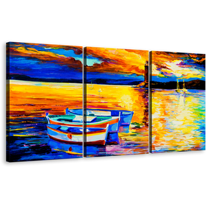Lighthouse Reflection Canvas Print, Yellow Orange Ocean 3 Piece Wall Art, Blue Boat Ship Multi Canvas