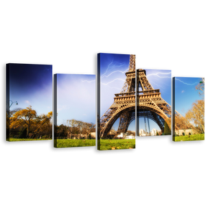 Lightning Storm Wall Art, Eiffel Tower Blue Thunder Storm Multiple Canvas, Yellow Paris France Skyline 5 Piece Canvas Print