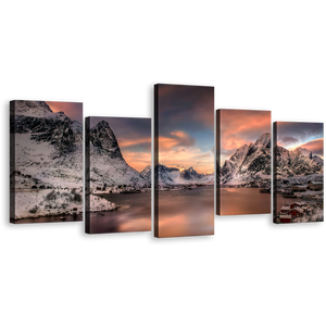 Lofoten Islands Canvas Print, Grey Reinevagen Mountains Cloudy Sky Wall Art, Norway Orange Sunset City Mountain 5 Piece Canvas Set