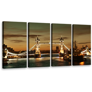 London Bridge Canvas Wall Art, Yellow Light Tower Bridge 4 Piece Canvas Print, James River Brown City Bridge Multiple Canvas