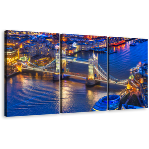 London Bridge Wall Art, England Blue River Thames 3 Piece Canvas Print, Yellow Tower Bridge City Lights Canvas Set