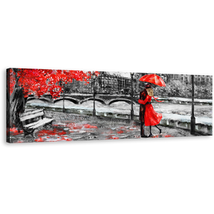 London Street Canvas Wall Art, Red Tree Umbrella Couple Panoramic Canvas, England Black and White City Canvas Print