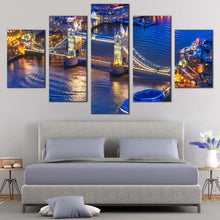 Load image into Gallery viewer, London  Cityscape  Canvas  Wall  Art  Blue  River  Thames  5  Piece  Multiple  Canvas  Yellow  Tower  Bridge  City  Lights  Canvas  Set For Bedroom
