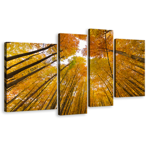 Looking Up Canvas Print, Orange Yellow Trees Autumn Forest 4 Piece Multi Panel Canvas, Looking Up Through Forest Canvas Wall Art