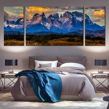 Load image into Gallery viewer, Los  Cuernos  Canvas  Print  Torres  del  Paine  National  Park  Canvas  Wall  Art  Beautiful  Blue  Mountain  Clouds  Bedroom  3  Piece  Canvas In Bedroom
