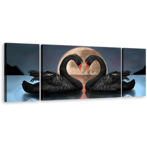 Love Bird Canvas Print, Blue Night Moon Reflected On Water Wall Art, Black Romantic Swans 3 Piece Canvas Set