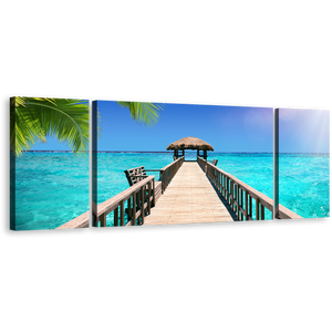 Maldives Beach Wall art, Amazing Indian Ocean 3 Piece Canvas Print, Blue Sky Pier Seascape Canvas Set