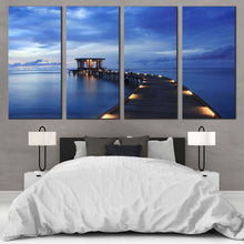 Load image into Gallery viewer, Maldives Pier Canvas Print Beautiful Blue Cloudy Pier Seascape  4 Piece Canvas Wall Art Yellow Wooden Pier Lights Canvas Artwork For Bedroom
