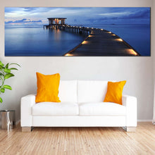 Load image into Gallery viewer, Maldives  Pier  Canvas  Print  Beautiful  Blue  Cloudy  Pier  Seascape  Living  Room  Panoramic  Canvas  Wall  Art  Yellow  Wooden  Pier  Lights  Canvas  Artwork In Living Room
