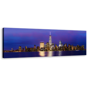 Manhattan Skyline Canvas Wall Art, Black New York at Night Canvas Artwork, Downtown Manhattan Blue Purple Sky 1 Piece Canvas Print
