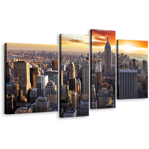 Manhattan Sunset Canvas Wall Art, Dramatic Yellow Orange Cloudy Sky Canvas Print, Grey New York City Skyline 4 Piece Multi Canvas Artwork