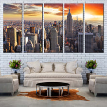 Load image into Gallery viewer, Manhattan Sunset Canvas Wall Art Dramatic Yellow Orange Cloudy Sky Canvas Print Grey New York City Skyline 5 Piece Multi Canvas Artwork For Living Room
