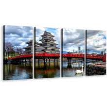 Load image into Gallery viewer, Matsumoto Castle Canvas Wall Art, Medieval Castle Canvas Artwork, Blue Sky Nagano Ken Japan Canvas ,Red Bridge in Eastern Honshu 4 Piece Canvas Set
