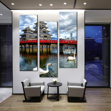 Load image into Gallery viewer, Matsumoto  jo  River  Gray  Clouds  Sky  Red  painted  Bridge  3  panel  canvas For Living Room
