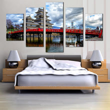 Load image into Gallery viewer, Matsumoto jo  River  Sky  Gray  Clouds  Bridge  5  piece  canvas  art For Bedroom
