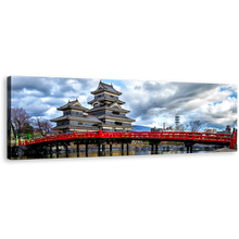 Load image into Gallery viewer, Medieval Castle Canvas Wall Art, Matsumoto Castle Panoramic Canvas Print, Red Bridge in Eastern Honshu Wide Canvas, Blue Sky Nagano Ken Japan Canvas Artwork
