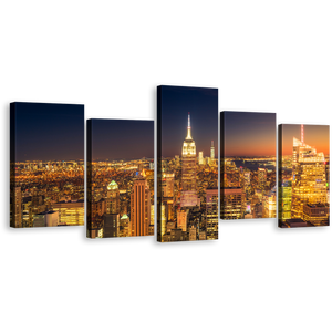Midtown Manhattan Canvas Wall Art, Orange Sky NYC Cityscape Multi Canvas, New York Empire State Building 5 Piece Canvas Print, Yellow Manhattan City Lights Split Canvas