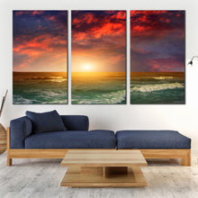 Load image into Gallery viewer, Modern Seascape Scene In the Indian Ocean Triptych decor Amazing Indian Beach Ocean Sunset 3 Piece Canvas Print In Living Room
