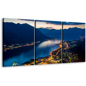 Montenegro Mountains Canvas Print, Yellow City Lights Houses Triptych Canvas Wall Art, Bay of Kotor 3 Piece Canvas, Blue Boka Kotorska Bay Triptych Canvas Set