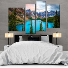 Load image into Gallery viewer, Moraine Lake Canvas Wall Art Green Trees Banff National Park 4 Piece Canvas Artwork Grey Brown Mountains Scenery Canvas
