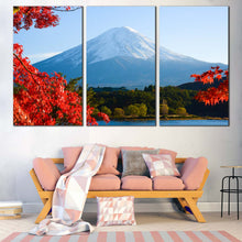 Load image into Gallery viewer, Mount Fuji Canvas Wall Art Lake Kawaguchiko Canvas Japan Lake Mountain  3 Piece Canvas Print Red Maple Trees Leaves Canvas Artwork In Living Room

