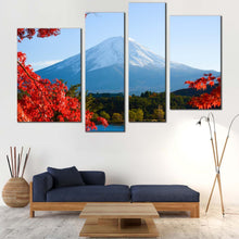 Load image into Gallery viewer, Mount Fuji Canvas Wall Art Lake Kawaguchiko Canvas Japan Lake Mountain  4 Piece Canvas Print Red Maple Trees Leaves Canvas Artwork 
