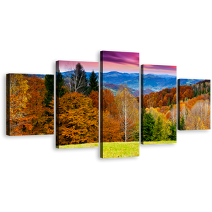 Mountain Landscape Wall Art, Orange Trees Nature Scenery Canvas Set, Dramatic Purple Sky Landscape 5 Piece Multi Canvas