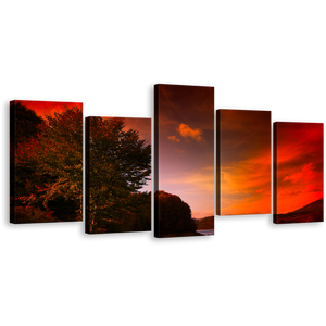 Mountain River Canvas Print, Green Trees Highlands Lake Landscape Wall Art, Dramatic Red Cloudy Sky 5 Piece Multi Canvas