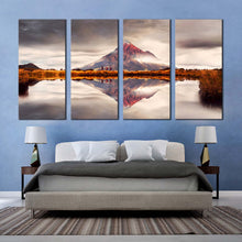 Load image into Gallery viewer, Mountain Lake Canvas Print New Zealand Brown Mountain Scenery 4 Piece Canvas Wall Art White Sky Mount Taranaki Canvas Set In Bedroom
