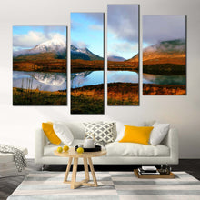Load image into Gallery viewer, Mountain Lake Canvas Wall Art Brown Scotland Mountain Canvas Print Blue Scenery Sky  4 Piece Canvas United Kingdom Scottish Highlands Multi Canvas In Your Living Room
