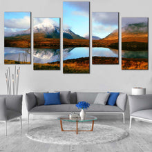 Load image into Gallery viewer, Mountain Lake Canvas Wall Art Brown Scotland Mountain Canvas Print Blue Scenery Sky  5 Piece Canvas United Kingdom Scottish Highlands Multi Canvas For Living Room
