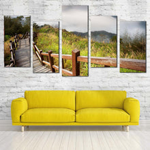 Load image into Gallery viewer, Mountain Scenery Canvas Print Green Forest Wooden Path Canvas Set Beautiful Grey Sky 5 Piece Canvas  Wall Art For Living Room
