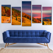 Load image into Gallery viewer, Mountain Sky Canvas Wall Art Colorful Autumn Landscape Multi Canvas Orange Trees Scenery Canvas Print Blue Sky Clouds Landscape  5 Piece Canvas In Living Room
