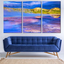 Load image into Gallery viewer, Mountain Water Canvas Wall Art Green Trees Yellowstone National Park  3 Piece Canvas Artwork Purple Blue Grand Prismatic Spring Canvas Print In Living Room
