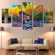 Load image into Gallery viewer, Mountains  River  Canvas  Print  Blue  Water  Stream  Mountain  5  Piece  Multi  Canvas  Green  Babcock  State  Park  Canvas  Set  Yellow  Autumn  Trees  Grist  Mill  Canvas In Living Room
