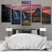 Load image into Gallery viewer, Mountains Waterfall Canvas Wall Art Kirkjufellsfoss Waterfall Green Rocks Multi Canvas Artwork Dramatic Cloudy Orange Sunrise  5 Piece Canvas Print
