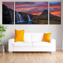 Load image into Gallery viewer, Mountains  Waterfall  Canvas  Wall  Art  Kirkjufellsfoss  Waterfall  Green  Rocks  Multi  Canvas  Artwork  Dramatic  Cloudy  Orange  Sunrise    3  Piece  Canvas  Print For Living Room
