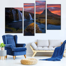 Load image into Gallery viewer, Mountains Waterfall Canvas Wall Art Kirkjufellsfoss Waterfall Green Rocks Multi Canvas Artwork Dramatic Cloudy Orange Sunrise  4 Piece Canvas Print 
