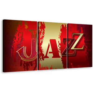 Music Abstract Canvas Print, Yellow Modern Jazz Word 3 Piece Canvas Wall Art, Abstract Red Background Triptych Canvas Set