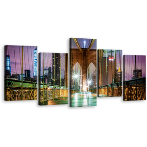 NYC Bridge Canvas Print, Green Brooklyn Bridge Canvas Set, New York Purple Sky 5 Piece Canvas Wall Art