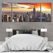 Load image into Gallery viewer, NYC Cityscape Canvas Wall Art Grey New York City Skyline 3 Piece Canvas Print Manhattan Dramatic Yellow Cloudy Sunset Triptych Multi Canvas For Bedroom
