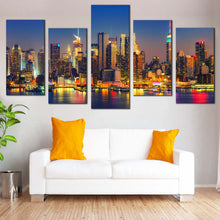 Load image into Gallery viewer, NYC Cityscape Canvas Wall Art Yellow Midtown Manhattan Night Lights  5 Piece Canvas Print Blue New York City Evening Multi Canvas
