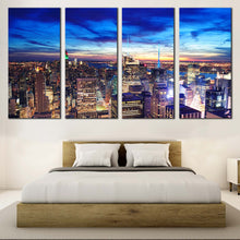 Load image into Gallery viewer, NYC Skyline Canvas Print Midtown Manhattan at Dusk Canvas Artwork Dramatic Blue Sky City Aerial View  4 Piece Canvas Wall Art For Bedroom

