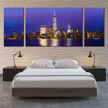 Load image into Gallery viewer, NYC Skyline Canvas Wall Art Downtown Manhattan Blue Purple Sky 3 Piece Multi Canvas Black New York Cityscape Triptych Canvas Print For Bedroom
