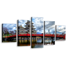 Load image into Gallery viewer, Nagano Ken Japan Canvas Wall Art, Medieval Castle Blue Sky Canvas Print, Matsumoto Castle 5 Piece Multi Canvas, Red Bridge in Eastern Honshu Canvas Artwork

