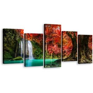 National Park Canvas Wall Art, Red Green Autumn Trees Canvas Print, Thailand White Waterfall Forest 5 Piece Multi Panel Canvas