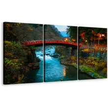 Load image into Gallery viewer, Nature Scenery Canvas Print, Blue Clear Water Forest 3 Piece Canvas Set, Japan Green Rocks Forest Multi Canvas, Red Shinkyo Bridge Triptych Canvas Wall Art
