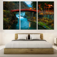 Load image into Gallery viewer, Nature Scenery Canvas Print Clear Water Forest  3 Piece CanvasSet Japan Green Rocks Forest Multi Canvas Red Shinkyo Bridge Triptych Canvas Wall Art For Bedroom
