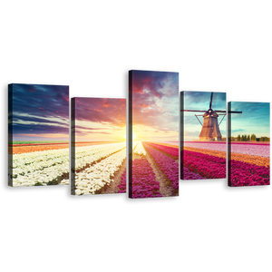 Netherlands Windmill Canvas Wall Art, Green Windmill Scenery 5 Piece Multi Canvas Artwork, Yellow White Tulips Sun Field Canvas Print